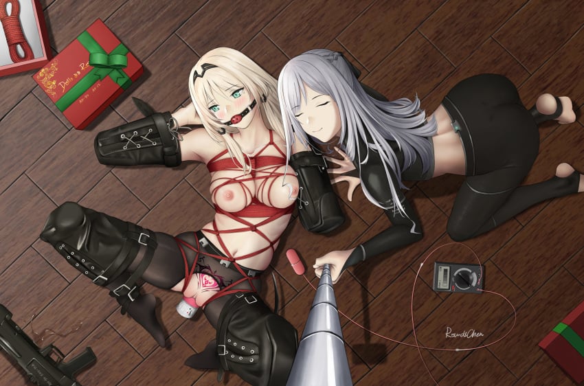 2girls absurdres ak-12_(girls'_frontline) all_fours an-94 an-94_(girls'_frontline) aqua_eyes assault_rifle ball_gag black_legwear blonde_hair blush bondage bound bound_arms bound_legs christmas clitoris closed_eyes collarbone commentary_request crop_top dildo eyebrows_visible_through_hair gag girls'_frontline gun highres lezdom lezsub long_hair looking_at_viewer lying medium_breasts multiple_girls navel nipples object_insertion on_back on_floor pantyhose pubic_tattoo pussy rifle rope roundschen self_shot selfie_stick sex_toy silver_hair stirrup_legwear tattoo toeless_legwear torn_clothes torn_legwear vaginal_object_insertion vaginal_penetration vibrator weapon yuri