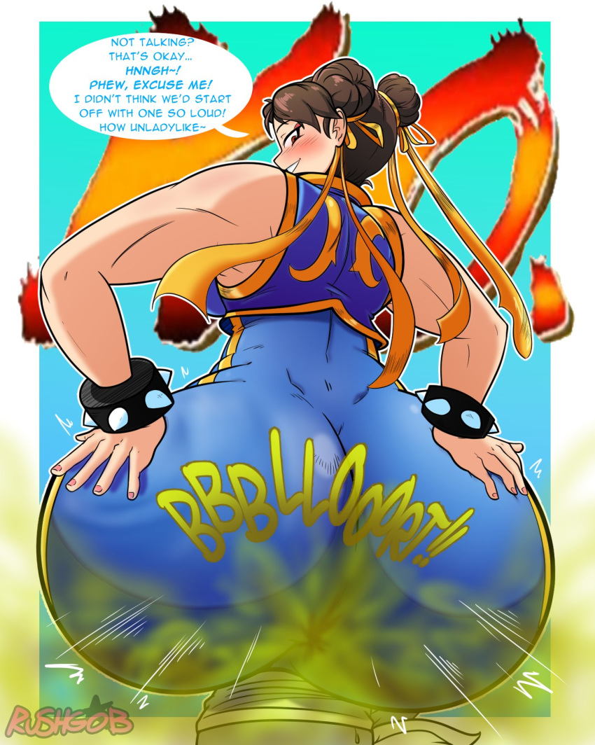 asian asian_female big_ass blindfold blush bracelet capcom chun-li crop_top fart fart_cloud fart_fetish female gobrush grabbing_own_ass gradient_background hair_buns hair_ribbons k.o. looking_back muscular onomatopoeia sitting_on_head speech_bubble spiked_bracelet street_fighter talking text watermark