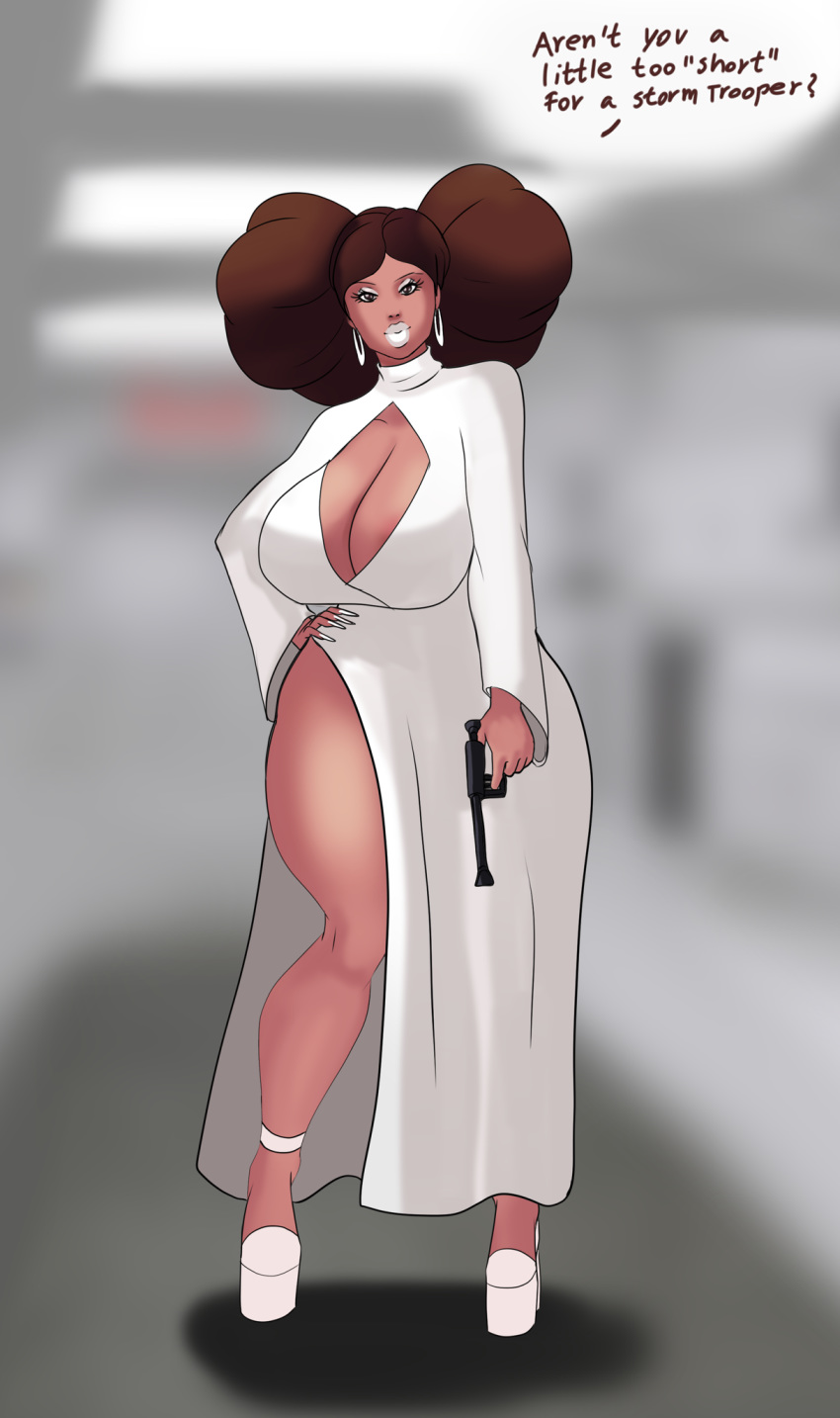 1girls annon big_lips bimbo breasts cleavage dress female female_only hair high_heels hoop_earrings huge_breasts looking_at_viewer princess_leia_organa solo star_wars tagme tantive_iv thick_lips thick_thighs voluptuous