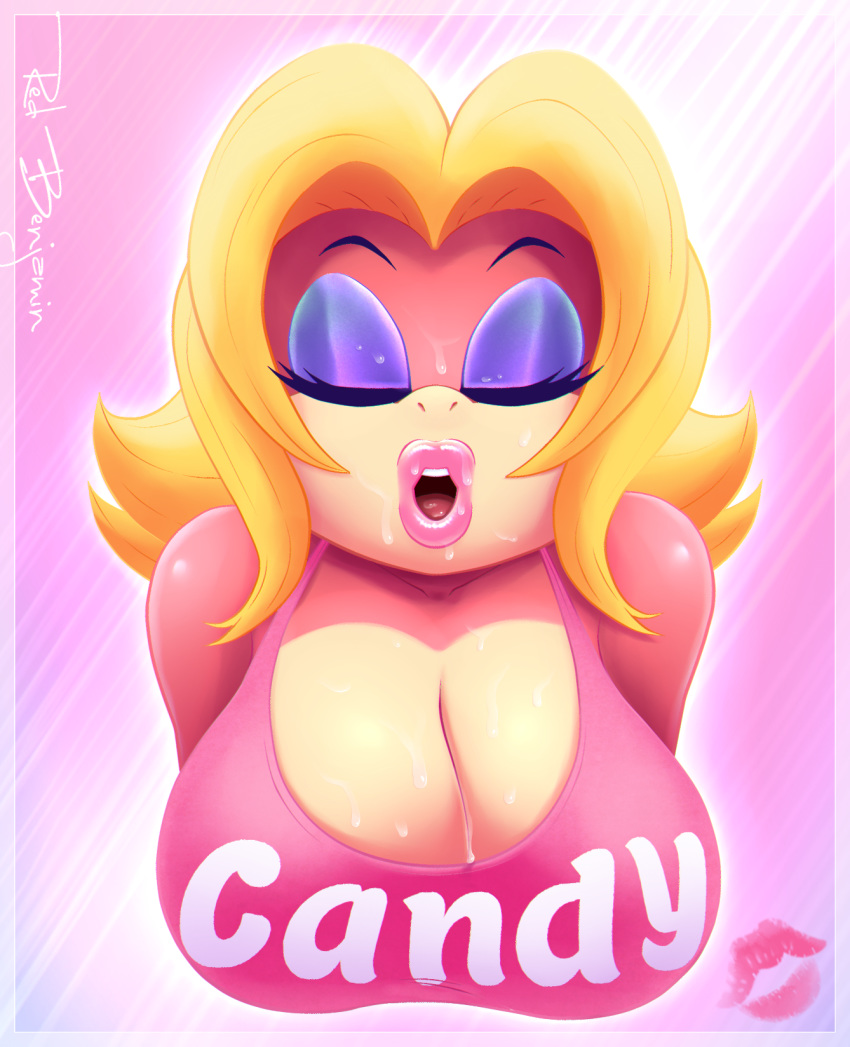 after_paizuri anthro blonde_hair bodily_fluids breasts bust_portrait candy_kong cleavage closed_eyes cock_hungry cum cum_on_breasts cum_on_face donkey_kong_(series) english_text female furry genital_fluids highres kiss_mark large_breasts mammal nintendo open_mouth portrait primate redbenjamin solo text