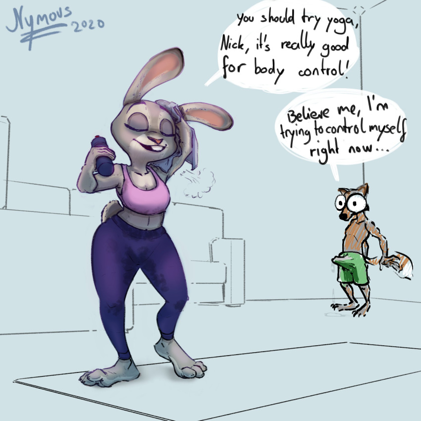 1:1 2020 anthro bodily_fluids canid canine closed_eyes clothed clothing dialogue disney duo english_text erection erection_under_clothing exercise female fox genital_fluids hi_res judy_hopps lagomorph leporid male mammal nick_wilde nymous precum precum_on_ground rabbit rough_sketch sweat text towel water_bottle yoga_pants zootopia