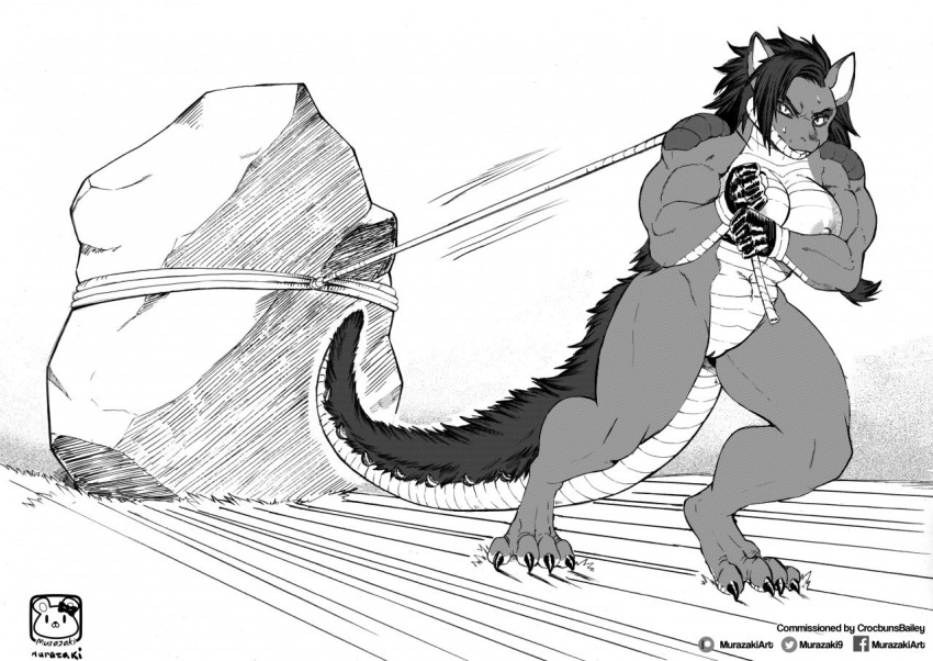 2020 anthro belly_scales biceps black_gloves bodily_fluids boulder breasts claws clothing dragging edit exercise female genitals gloves handwear holding_rope monochrome murazaki nipples non-mammal_breasts pulling_object pussy reptile rock rope scales scalie sharp_claws solo sweat toe_claws training