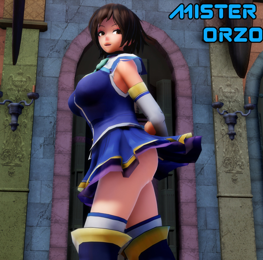 3d aqua_(konosuba)_(cosplay) boots brown_hair cosplay heel_boots high_heel_boots kono_subarashii_sekai_ni_shukufuku_wo! mikumikudance misterorzo mmd no_panties original thigh_boots thighhigh_boots yellow_eyes zoe_silver