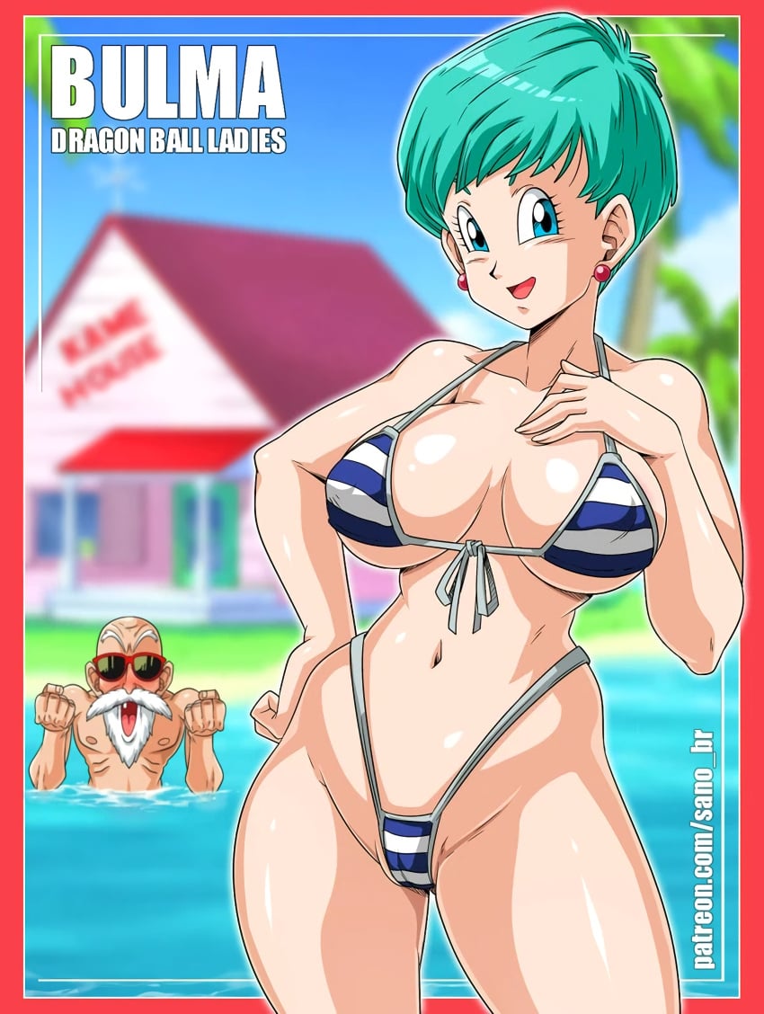 1boy 1girls artist_name bangs belly belly_button big_breasts big_eyes bikini blue_eyes blue_hair breasts bulma_briefs bulma_briefs_(beginnings_of_dragon_ball_z) cameltoe character_name cleavage cleft_of_venus curvaceous curvy curvy_figure dragon_ball dragon_ball_super dragon_ball_z earrings erect_nipples erect_nipples_under_clothes female female_focus g-string groin hand_on_breast hand_on_hip happy hi_res high_resolution highleg highleg_bikini highleg_swimsuit highres hourglass_figure kame_house labia large_breasts light-skinned_female light_skin looking_at_viewer master_roshi mature mature_female milf nipple_bulge nipples nipples_visible_through_clothing open-mouth_smile open_mouth partially_visible_vulva patreon_username posing red_earrings sano-br shiny shiny_skin short_hair shounen_jump side-tie_bikini side-tie_bottom sideboob slim slim_waist small_mouth small_nose smile smooth_skin standing string_bikini striped_bikini stripes swimsuit teal_hair thick_thighs thin_waist thong thong_bikini tight_fit underboob wide_eyed wide_hips