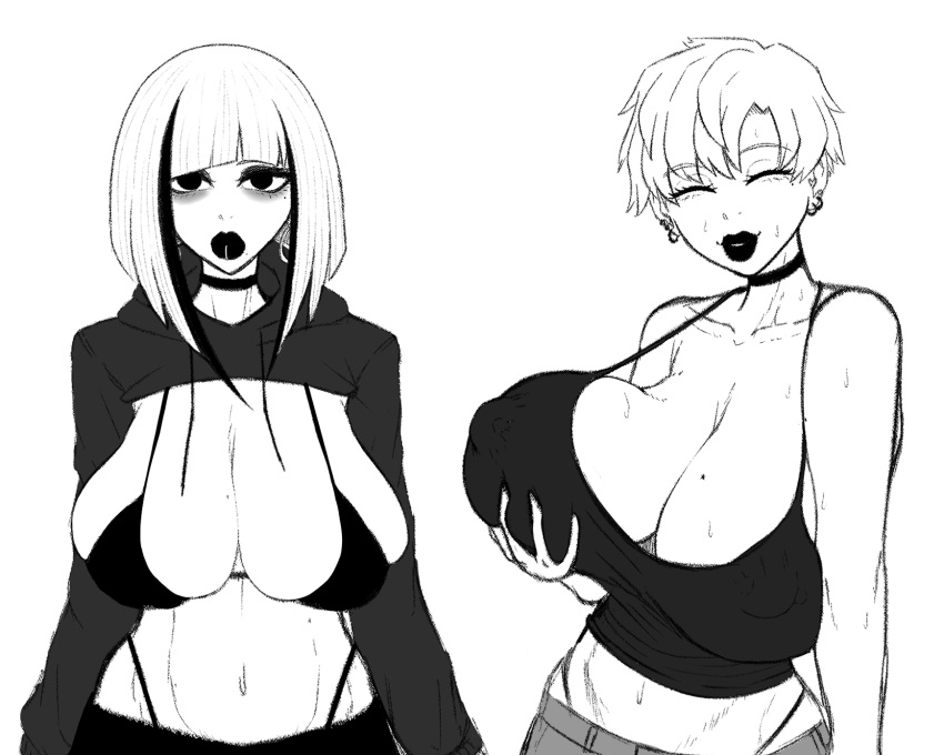 2girls big_breasts bikini black_lipstick bob_cut breast_grab choker cleavage goth hoodie lip_piercing milf-chan(truelordpotato) piercing short_hair sweat tagme thong truelordpotato