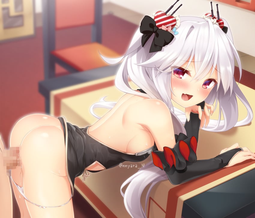 1boy 1girls against_table azur_lane bangs black_bow black_dress blush bow breasts bridal_gauntlets censored chair china_dress chinese_clothes clothed_sex clothing doggy_style dress eyebrows_visible_through_hair female from_behind hair_ornament hand_on_own_face heart heart_hair_ornament light-skinned_female light-skinned_male light_skin long_hair male mosaic_censoring nnyara no_wings open_mouth panties panties_down penetration penis pussy red_eyes royal_navy_(azur_lane) sex sex_from_behind short_dress sideboob sleeveless sleeveless_dress small_breasts spread_legs table twintails underwear vaginal_penetration vampire_(azur_lane) vampire_(the_breath_of_spring)_(azur_lane) white_hair white_panties young