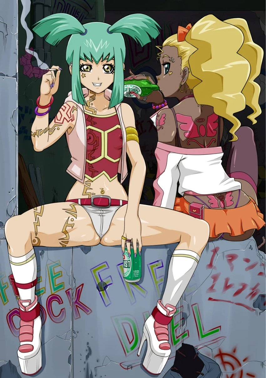 2girls beer belly_piercing blonde_hair blue_hair booty_shorts bracelets breasts choker covered_nipples dark-skinned_female dark_skin female female_only green_eyes heels hi_res high_heels high_resolution highleg highres hoop_earrings legs_spread legwear light_green_eyes looking_at_viewer luna_(yu-gi-oh!) miniskirt multiple_girls nail_polish nipple_piercing nipples patty_(yugioh) pierced_ears pierced_nipples piercing piercings ring rings see-through skirt slutty_outfit small_breasts smile smoke smoking socks stockings straw_(artist) straw_(yokubou_hiroba) tattoo teal_hair thighhighs thong tights translucent twintails visible_breath visible_nipples yu-gi-oh! yu-gi-oh!_5d's