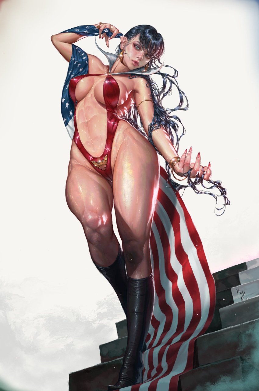 1girls abs american_flag art black_hair boots bracelet cameltoe cleavage_cutout earrings erect_nipples_under_clothes female female_only highres kyu_yong_eom kyuyong_eom leotard long_hair looking_at_viewer muscular_thighs pinup pose skimpy_clothes slutty_outfit solo solo_female toned toned_female vampire vampirella viewed_from_below wet wet_body