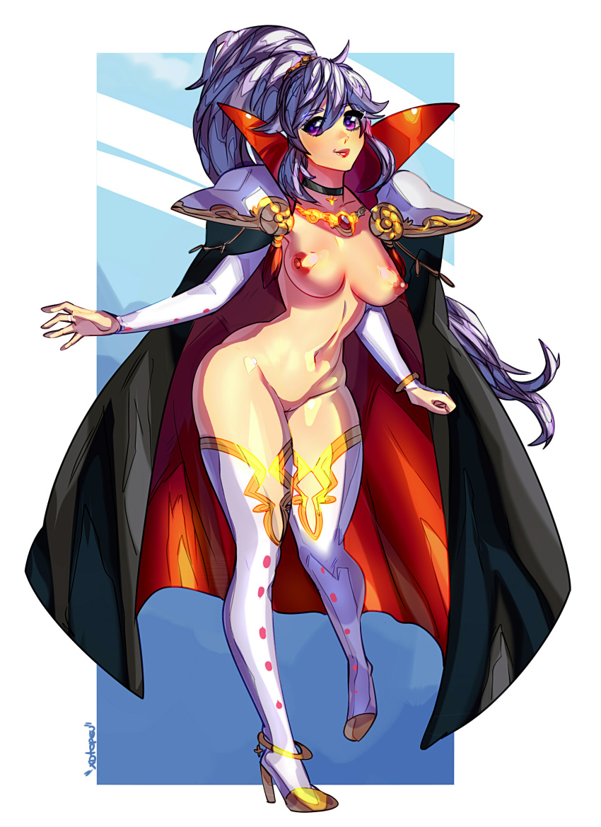 1girls bare_thighs big_breasts cape fire_emblem fire_emblem:_genealogy_of_the_holy_war high_heels ishtar_(fire_emblem) lips long_hair looking_at_viewer mostly_nude naked_cape naked_stockings nintendo nipples ponytail purple_eyes purple_hair pussy simple_background smile solo solo_female thick_thighs thighhighs very_long_hair wide_hips xdtopsu01