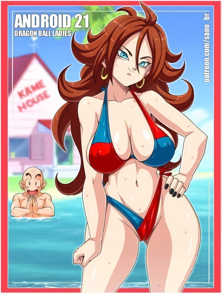 1boy 1girls alternate_breast_size android_21 android_21_(human) artist_name beach belly belly_button big_breasts bikini black_nails blue_eyes border breasts cameltoe character_name cleavage cleft_of_venus curly_hair curvaceous curvy curvy_figure dragon_ball dragon_ball_fighterz dragon_ball_super dragon_ball_z earrings erect_nipples erect_nipples_under_clothes female_focus groin hand_on_hip hi_res high_resolution highleg highleg_bikini highleg_swimsuit highres hoop_earrings huge_breasts kame_house krillin kuririn labia large_breasts light-skinned_female light_skin linea_alba navel navel_line nipple_bulge nipples nipples_visible_through_clothing partially_visible_vulva patreon_username red_border sano-br shiny shiny_skin shounen_jump sideboob sidelocks slim_waist smile sweat sweatdrop swimsuit thick_thighs thighs thin_waist v wide_hips