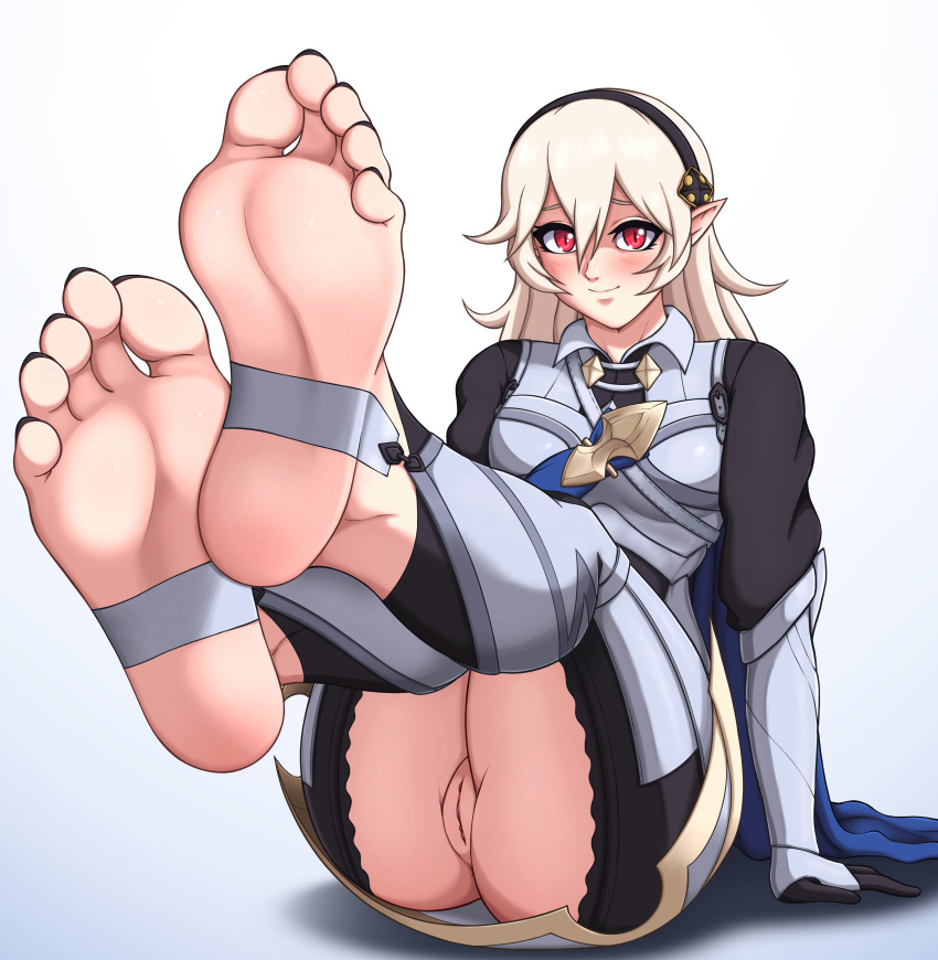 1girls ass barefoot big_ass blonde_female cape corrin_(fire_emblem) corrin_(fire_emblem)_(female) feet fire_emblem fire_emblem_fates foot_fetish foot_focus foot_worship inner_thighs lewdsaiga long_hair looking_at_viewer nail_polish nintendo pointy_ears pussy red_eyes smile soles solo solo_female toes white_background