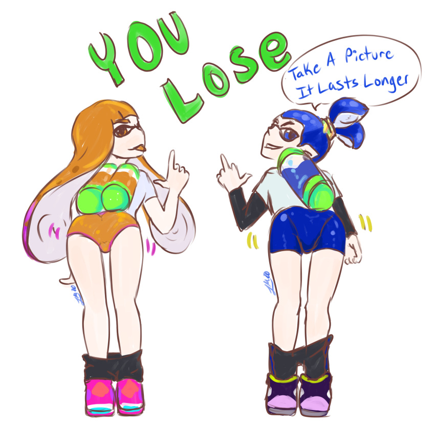 1boy 1girls anthro artist_request ass blue_eyes blue_hair blue_inkling_boy cephalopod cephalopod_humanoid duo humanoid inkling inkling_boy inkling_girl john_(splatoon) kaori_(splatoon) looking_at_viewer loser_gesture mask_(marking) middle_finger mocking nintendo orange_eyes orange_hair orange_inkling_girl panties pants_down pointy_ears presenting_hindquarters showing_off_ass splatoon splatoon_2 squid sticking_out_tongue talking_to_viewer taunting tentacle tentacle_hair underwear