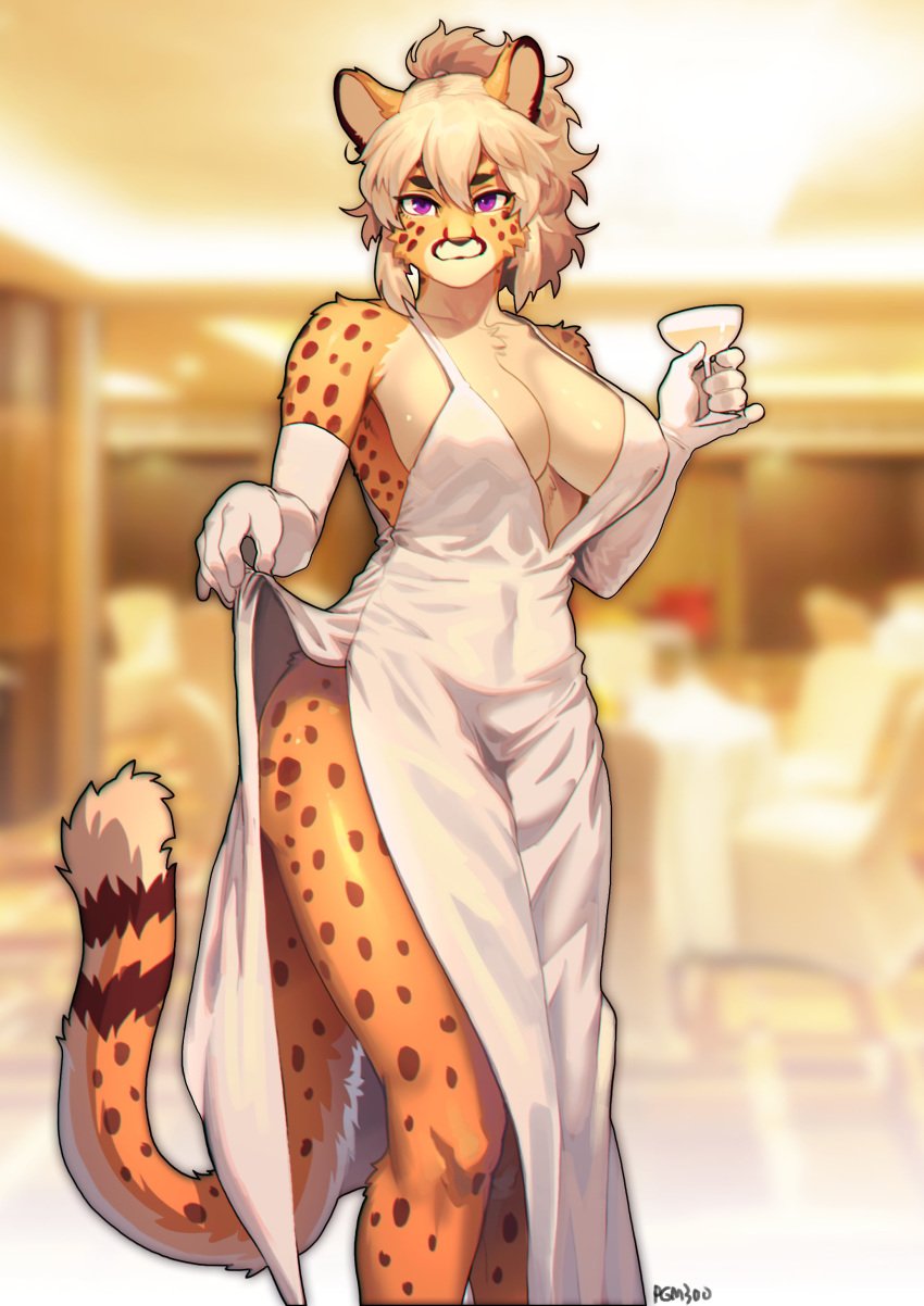 1girls alexandra_(velocitycat) anthro blonde_hair blurred_background cheetah cleavage_cutout dress dress_lift elbow_gloves feline female female_only fur furry furry_fetish gloves holding holding_glass looking_at_viewer pgm300 ponytail purple_eyes schewiener solo solo_female solo_focus tail very_high_resolution