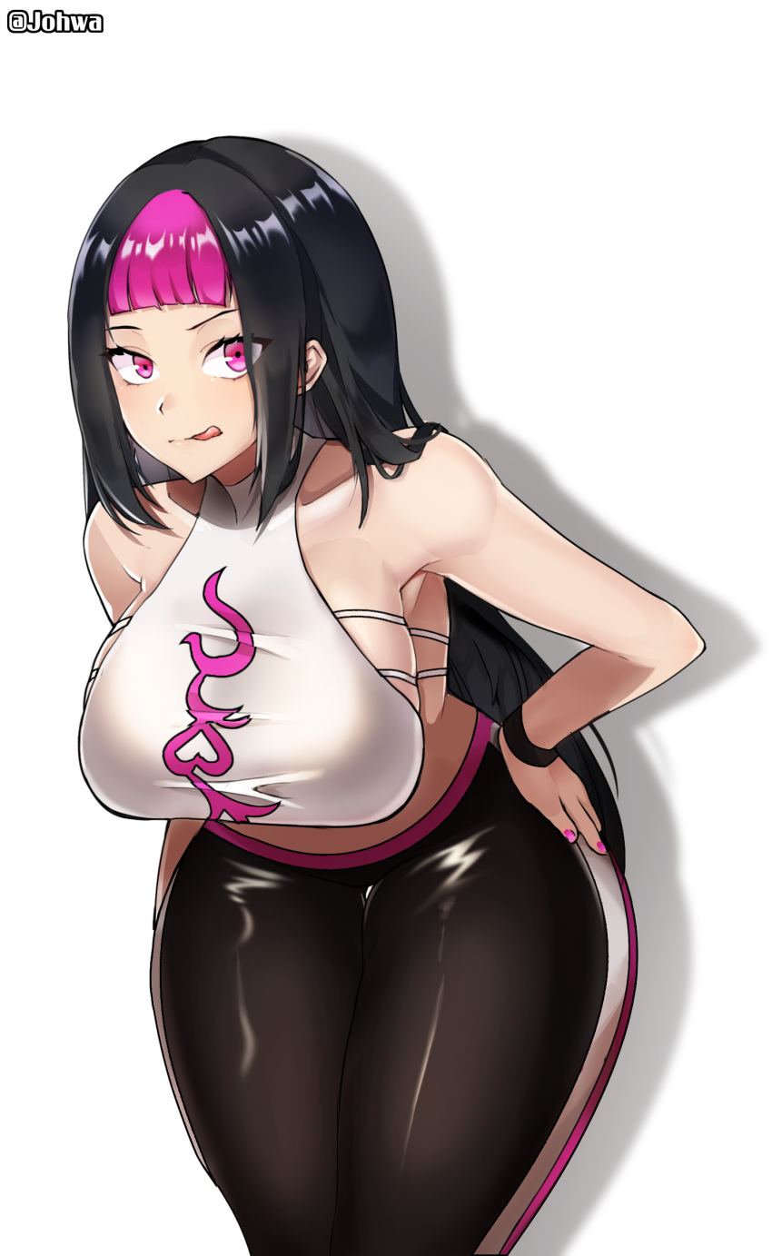 1girls alternate_costume alternate_hairstyle bangs bent_forward black_hair blunt_bangs breasts capcom clothed female female_only fully_clothed halterneck hand_on_hip highres huge_breasts human johwa juri_han leggings licking_lips long_hair looking_at_viewer nail_polish pink_eyes pink_hair pink_nails shadow sideboob sidelocks simple_background skin_tight skindentation solo street_fighter street_fighter_v thick_thighs thigh_gap tongue tongue_out two_tone_hair very_long_hair voluptuous white_background