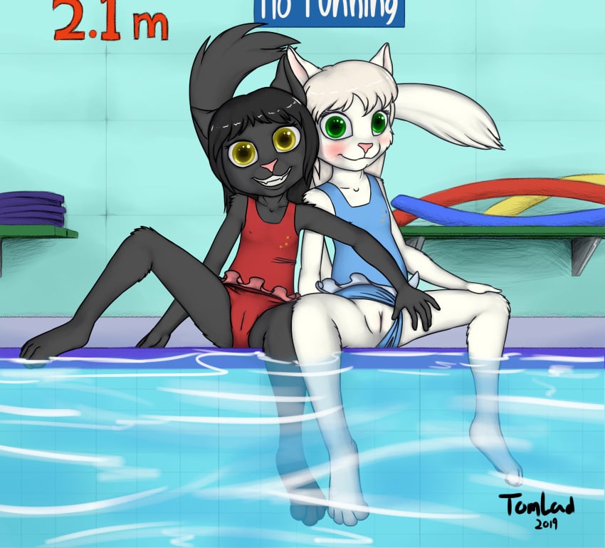 2019 anthro assisted_exposure black_body black_fur black_hair black_nose blue_clothing blush bottomwear camel clothing cub digital domestic exposure eyes felid feline female flat_chested frill green green_eyes hi_res legs looking_at_viewer mammal nipples_visible_through_clothing one-piece panties pool public pussy red_clothing skirt smile spread spreading swimming swimsuit swimsuit_aside swimwear toes tomlad white_fur white_hair yellow_eyes young