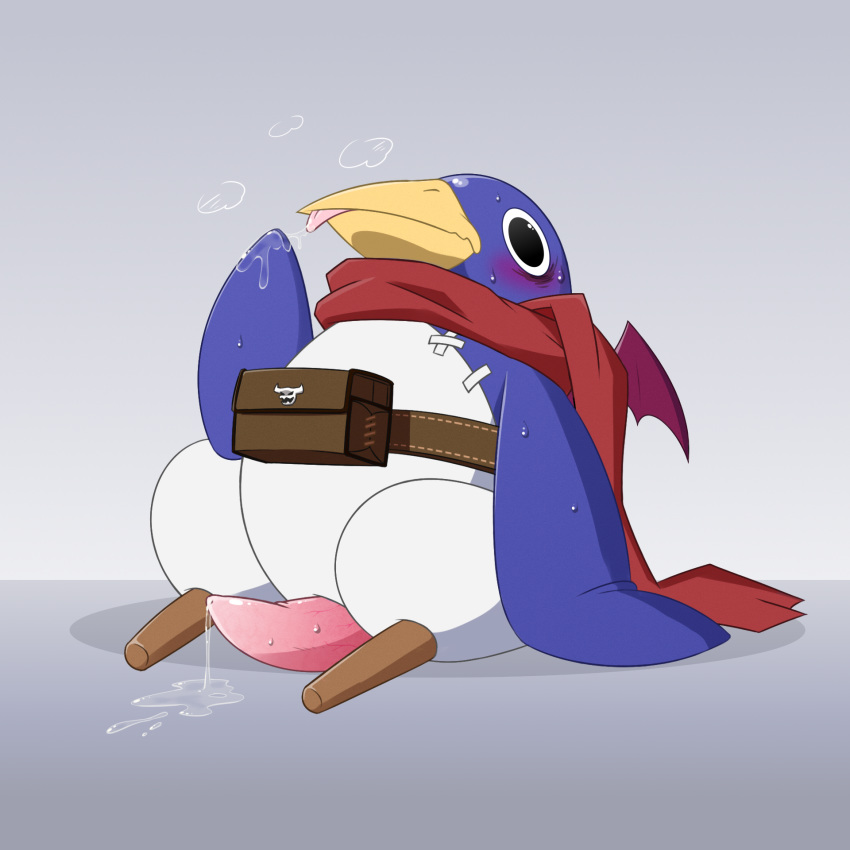 1:1 1boy avian blush bodily_fluids cum cum_on_ground disgaea ejaculation erection genital_fluids genitals hero_prinny hi_res male male_only nippon_ichi_software penis prinny prinny:_can_i_really_be_the_hero? scarf self_taste simple_background solo solo_focus sweat tapering_penis tongue tongue_out vein veiny_penis video_games vogold