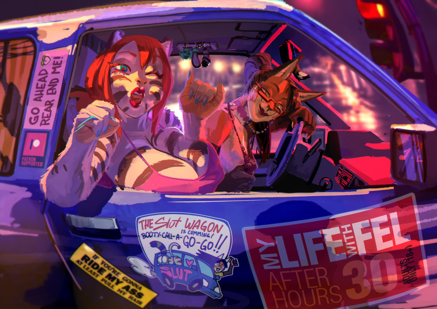 advertisement alex_(my_life_with_fel) anthro big_breasts breasts canid canine car clothing digital_media_(artwork) duo fel_(my_life_with_fel) felid fox fur hair hi_res kenno_arkkan looking_at_viewer mammal my_life_with_fel pantherine public red_hair text tiger vehicle