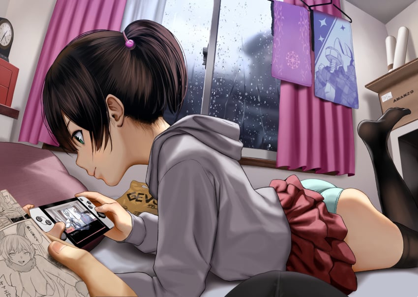 1boy 1girls 2018 accidental_exposure ass bed bed_sheet bedroom big_ass black_hair black_thighhighs book box clock clothed clothing curtains detailed_background electronics feet female female_focus game_console green_eyes green_panties hairband handheld_game_console hands highres holding_book hoodie indoors japanese_text lying male male_pov manga_(object) nintendo nintendo_switch no_shoes on_bed on_stomach original panties pantsu pillow playing_videogame ponytail pov rain short_ponytail sidelocks skirt skirt_up soles_of_feet_in_stockings television text thighhighs thighs unaware underwear urasuji_samurai video_games water water_drop window