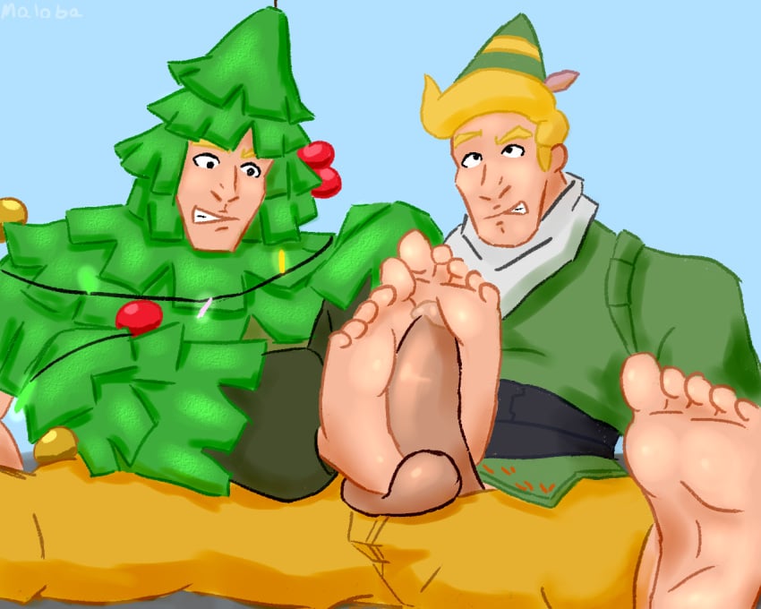 2boys 5_toes barefoot christmas christmas_lights christmas_outfit christmas_tree clothing codename_e.l.f elf feet foot_fetish foot_focus footjob fortnite gay ghillie_suit jonesy_(fortnite) lt._evergreen male male/male male_only maloba ornament selfcest