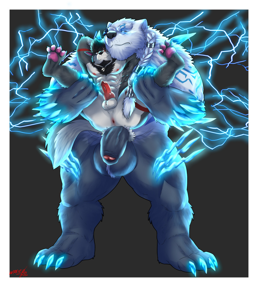 absurd_res animal_genitalia annoyed annoyed_expression anthro canid canine canis deity dog_tags duo electricity flaccid genitals glistening glistening_claws glistening_eyes hi_res knot krowlfer league_of_legends ligoni male male/male mammal muscular muscular_male pawpads penis riot_games size_difference smug_grin sparks ursid video_games volibear were werecanid werecanine werewolf wolf