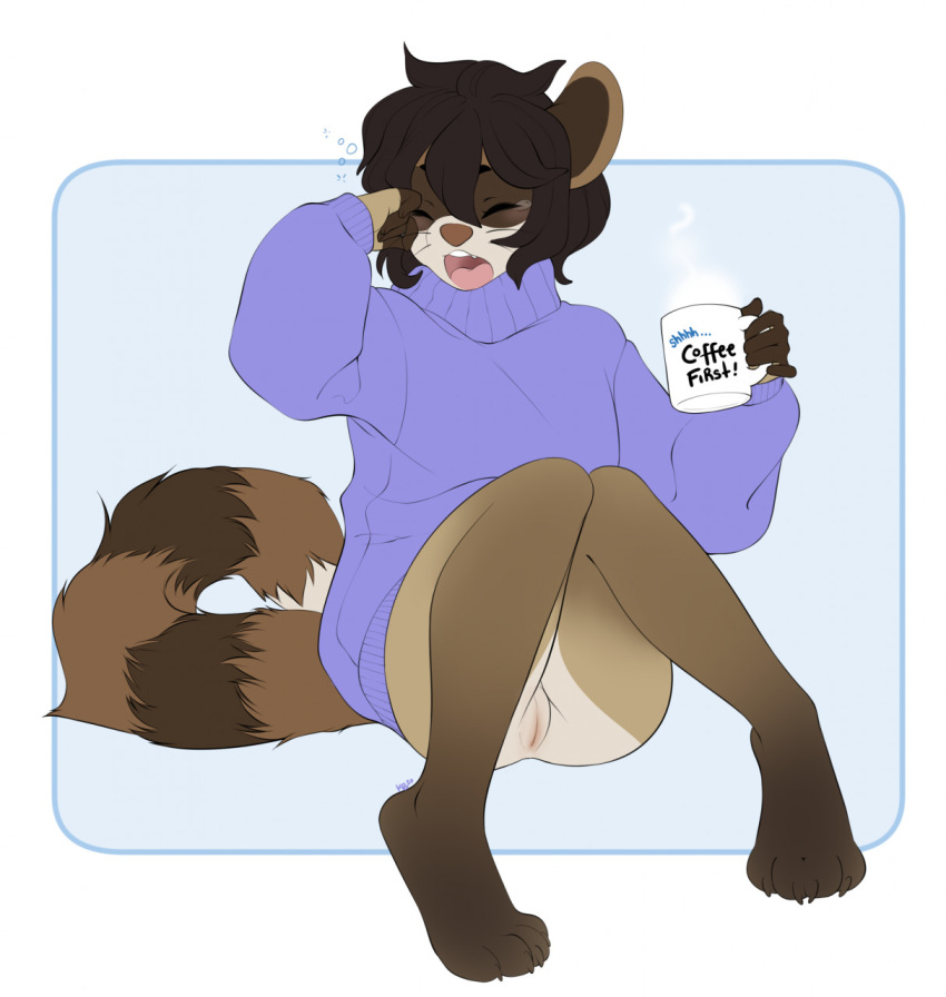 anthro bottomless closed_eyes clothed clothing coffee_mug cup female fur genitals hair hi_res holding_cup holding_object hybrid katibara mammal murid murine naomi_(mightypoohead) open_mouth procyonid pussy raccoon rat rodent rubbing_eye rubbing_eyes simple_background sleepy solo sweater teeth text tongue topwear yawn