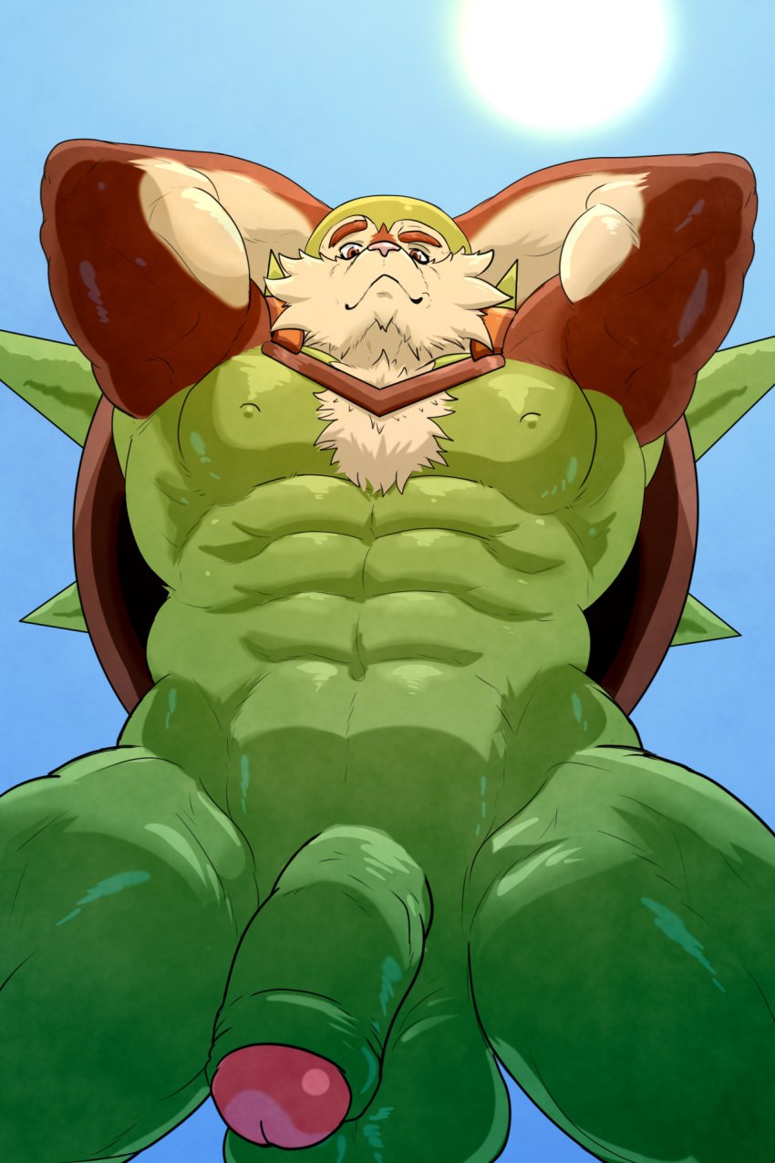 2:3 abs anthro anthro_only audiophilliac balls barazoku brown_body brown_fur chesnaught fur genitals green_body green_penis hi_res humanoid_genitalia humanoid_penis looking_at_viewer looking_down male male_only muscular muscular_anthro muscular_male nintendo pecs penis pokémon_(species) pokemon shiny_pokémon smile smirk solo solo_focus spikes thick_penis vein veiny_penis video_games