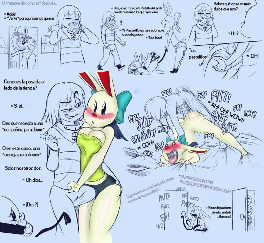 after_sex ass bandana bed blush bondage bound breasts bulge bunbun_npc_(undertale) cinnamon_(undertale) comic door edit edited feline female femsub frisk frisky_(under(her)tail) grope hanon(editor) huge_cock lagomorph male maledom mammal monochrome rabbit ribbons sex sex_toy short_pants slave smile spanish_text spreading straight submission submissive thewill under(her)tail undertale undertale_fanfiction vibrator