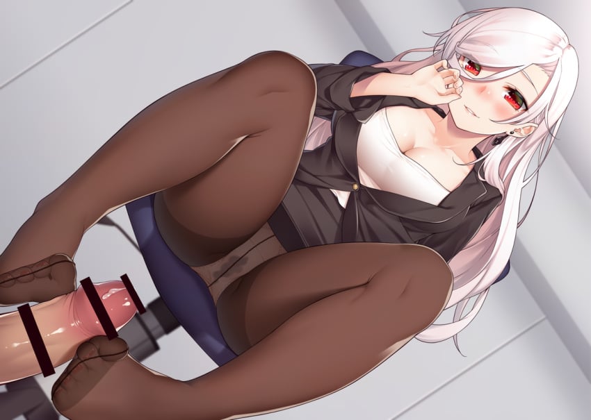 bar_censor black_jacket black_legwear black_skirt blush breasts business_suit censored clothed_female clothed_female_nude_male clothed_sex earrings erection female footjob footjob_in_skirt footjob_with_legwear formal hair_between_eyes jacket jewelry large_breasts long_hair long_sleeves male miniskirt office_lady original pale-skinned_female pale_skin panties panties_under_pantyhose panties_visible_through_clothing pantyhose pencil_skirt penis pussy_juice_stain ray-akila red_eyes sex_in_skirt shirt sitting skirt skirt_suit solo_focus suit underwear wet_panties white_hair white_panties white_shirt