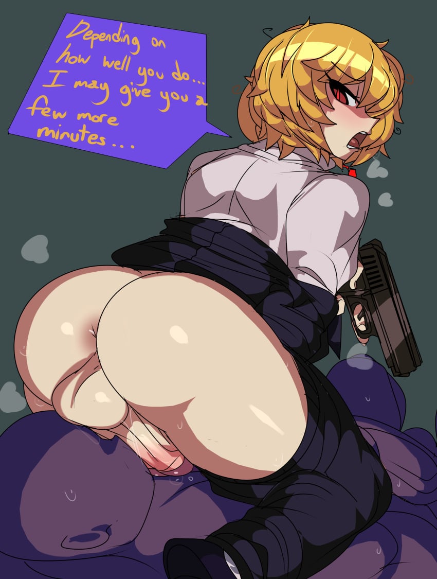 2boys absurd_res androgynous anus ass balls balls_on_face blonde_hair blush captain_kirb english_text erection faceless_male facesitting femboy firearm gay girly gun handgun heavy_breathing human hunter hunter_x_hunter kurapika light-skinned_male light_skin looking_back male male_only multiple_boys pants_down penis red_eyes short_hair shounen_jump sitting sitting_on_face sitting_on_person speech_bubble sweat teabag testicles text trap undressing weapon yaoi