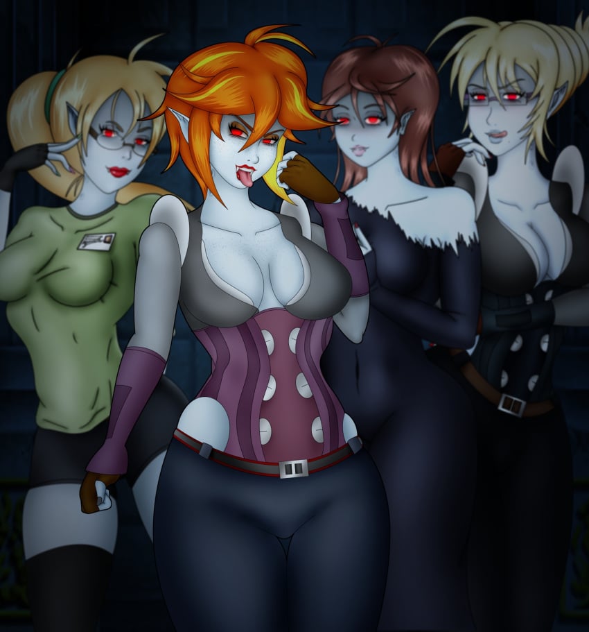 big_breasts bite_mark bite_marks clothing corruption crimson_veil evil_grin evil_smile fangs freckles glasses mila_(crimson_veil) mind_control monster monster_girl pale_skin red_eyes red_hair transformation undead vampire