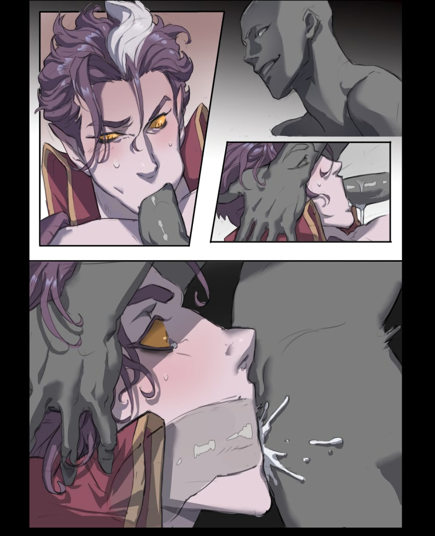 blush comic count_kassadin cum fellatio gay harrowing_series hyde_(coffee_talk) kassadin league_of_legends male_only oral purple_hair purple_skin saliva smile sweat tales_from_the_rift_series vampire yaoi