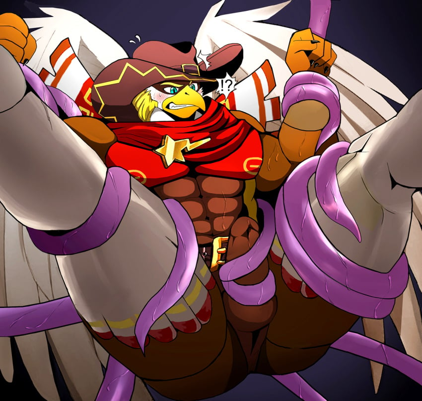 abs anthro avian bearlovestiger13 biceps bird bound bulge clothing cowboy_hat fur furry hat headgear headwear male male_only muscular muscular_anthro muscular_male pecs solo solo_male struggling submissive submissive_male superhero tentacle thunderbird_(tokyo_afterschool_summoners) tokyo_afterschool_summoners video_games wings