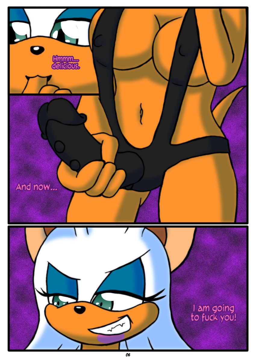 1girls anthro blue_eyeshadow breasts comic comic_page dialogue english_text female female_focus female_only finger_in_mouth otakon page_6 rouge_the_bat sex_toy smirk sonic_(series) strap-on studded_dildo turquoise_eyes