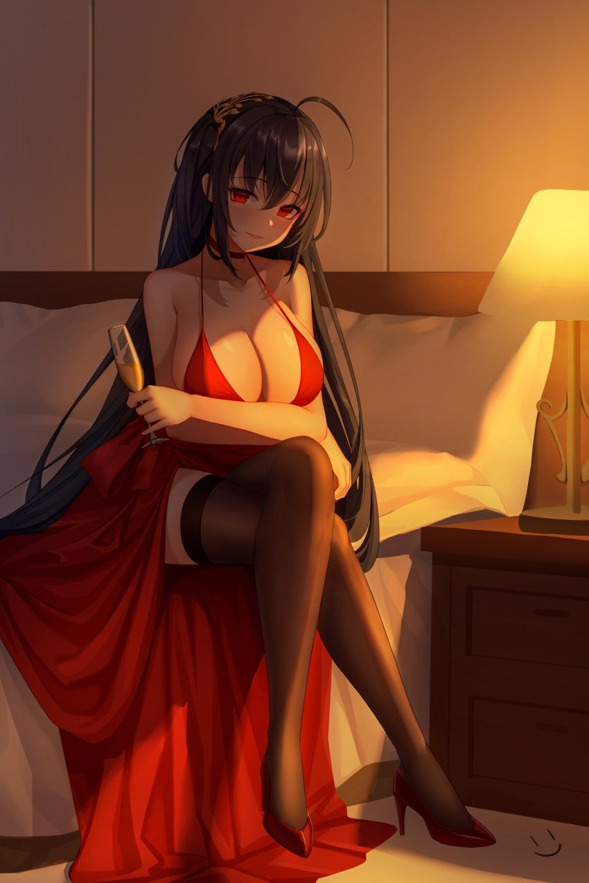 1girls 2020 2:3 absurd_res ahoge azur_lane bare_arms bare_shoulders bed bed_sheet bedroom black_hair black_thighhighs breasts champagne champagne_flute choker cleavage clothing cocktail_dress crossed_arms cup dress drink eyebrows_visible_through_hair feet female female_only full_body glass hair_between_eyes hair_ornament high_heels highres holding_cup indoors jewelry lamp large_breasts long_hair looking_at_viewer night pillow red_dress red_eyes revealing_clothes signature sitting smile solo taihou_(azur_lane) taihou_(forbidden_feast)_(azur_lane) teeth thick_thighs thighhighs thighs very_long_hair wei_xiao