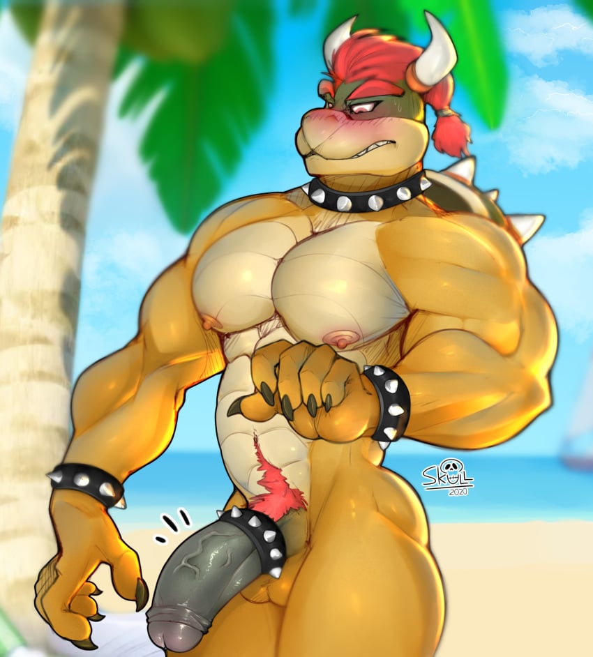 1boy balls beach big_muscles big_penis blush bowser claws cock_ring deuzion gay horn horns looking_down lykansden male male_only mario_(series) mrsleepyskull muscular muscular_male nipples ocean outdoors palm_tree penis pubic_hair red_eyebrows red_eyes red_hair red_pubic_hair shell shiny_skin solo spiked_bracelet spiked_collar spiked_penis_ring spiked_shell standing sweatdrop teeth_showing testicles vein veiny_penis watermark