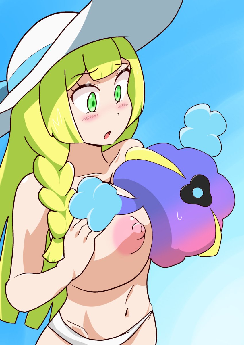 1girls alternate_breast_size ambiguous_gender areolae big_breasts blonde_hair blush breast_smother cosmog female green_eyes hat huge_breasts human kukanugi large_breasts lillie_(pokemon) long_hair nebby_(pokemon) nintendo nipples panties pokemon pokemon_(species) pokemon_sm smothering standing