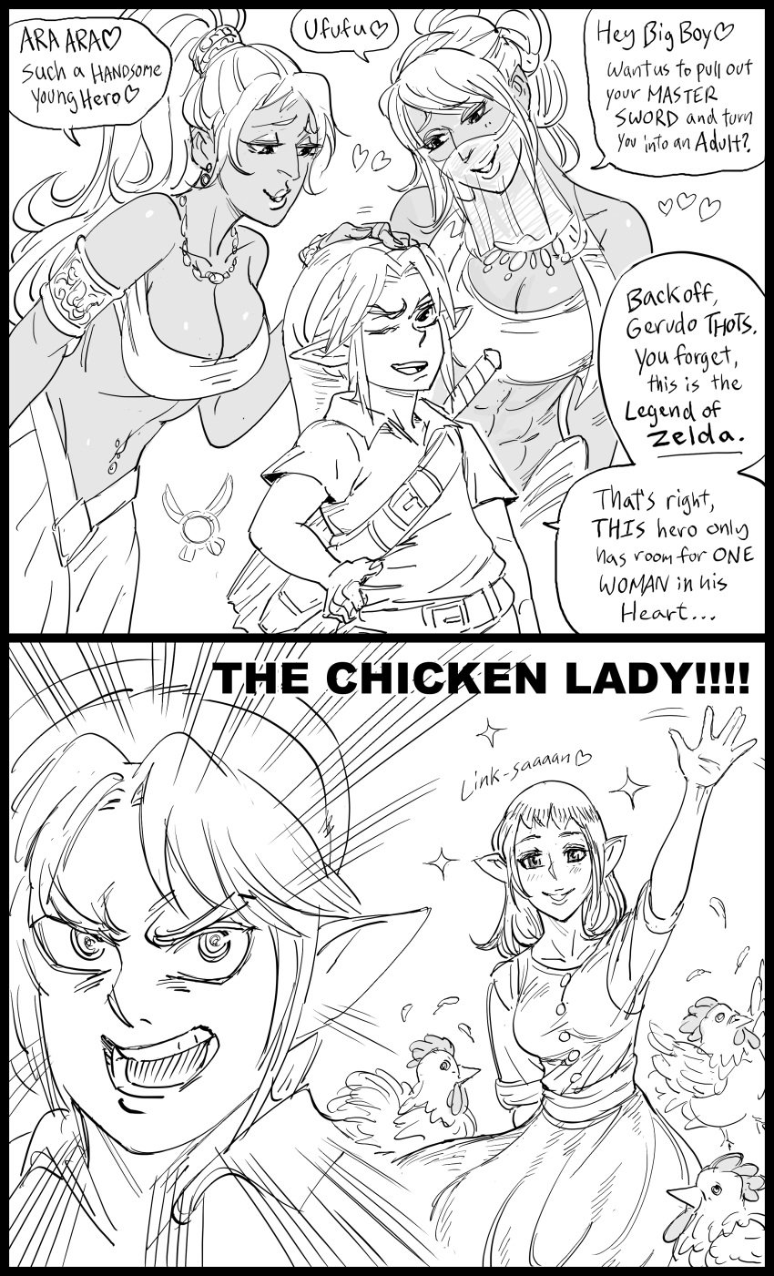 anju bb_(baalbuddy) clothing cucco dialogue dress english_text gerudo humor link monochrome nintendo ocarina_of_time tagme text_bubble the_legend_of_zelda very_high_resolution white_background young_link