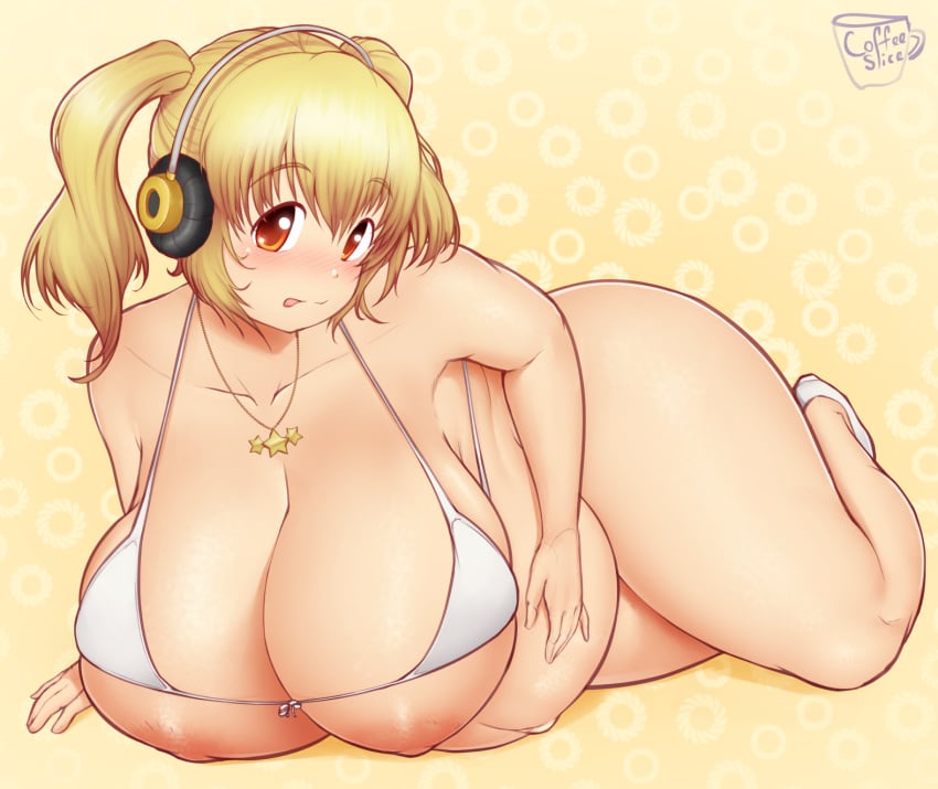 1girls big_breasts bikini blonde_hair breasts coffeeslice eyebrows_visible_through_hair female female_focus female_only headphones huge_breasts long_hair looking_at_viewer nipples nitroplus pigtails pregnant red_eyes short_hair super_pochaco swimsuit