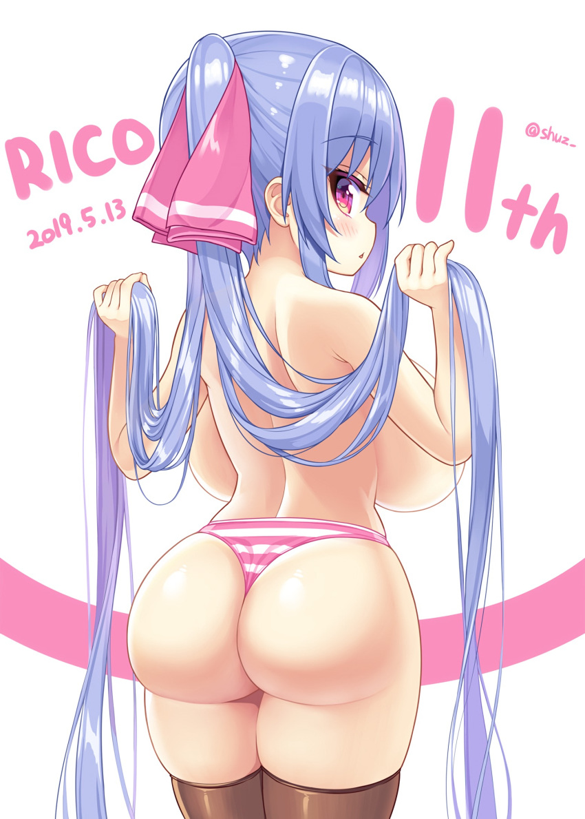 1girls ass back_view backboob blush breasts breasts_bigger_than_head breasts_out bubble_butt gigantic_breasts huge_ass huge_breasts large_breasts long_hair looking_at_viewer looking_back multicolored_eyes open_mouth original panties pink_striped_panties presenting_hindquarters purple_hair ribbons riko_(shuz) shortstack shuz_(dodidu) small_but_busty striped_panties thick_thighs thighhighs thighs tied_hair topless twintails very_long_hair