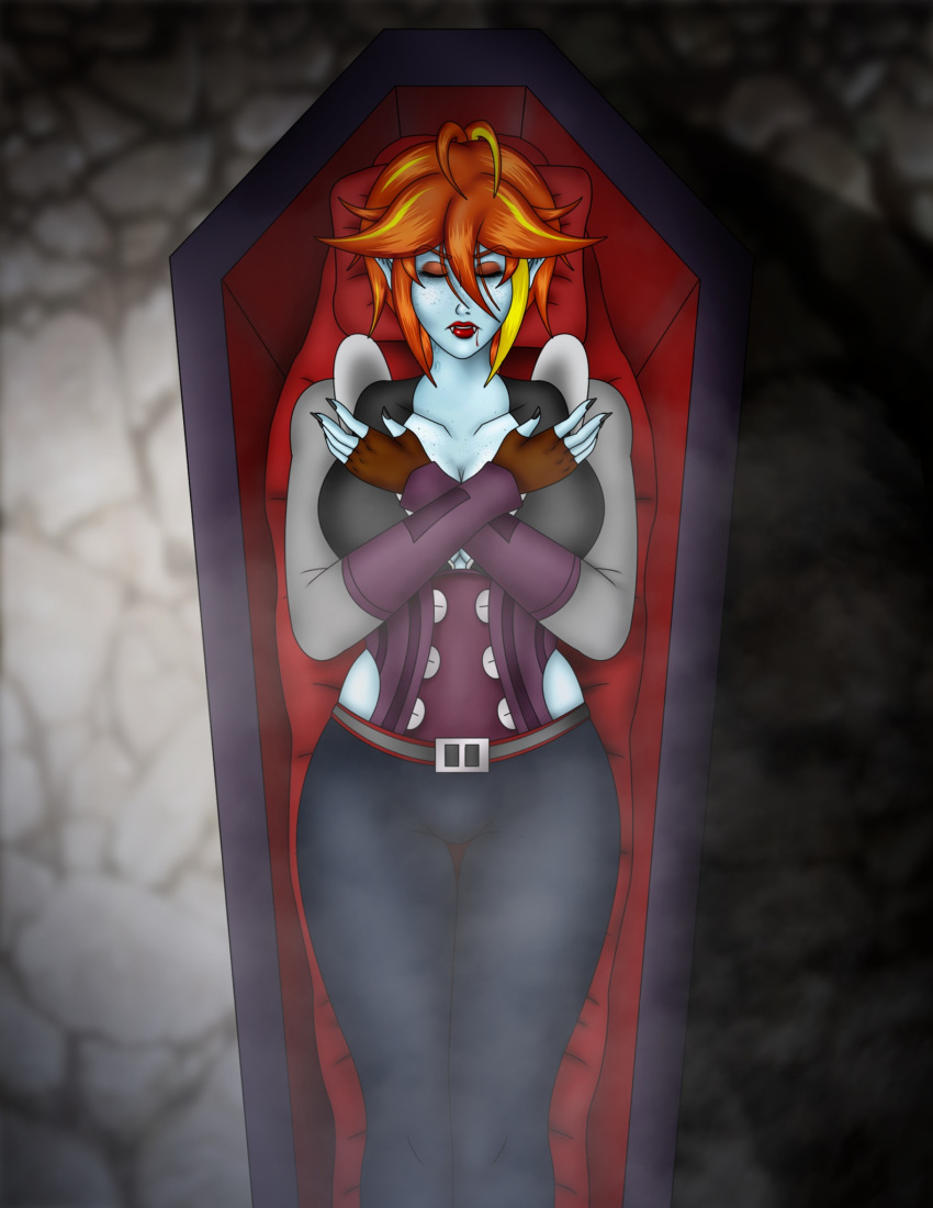 big_breasts bite_mark bite_marks clothing coffin corrupted corruption crimson_veil crossed_arms fangs freckles mila_(crimson_veil) monster monster_girl pale_skin red_hair transformation undead vampire