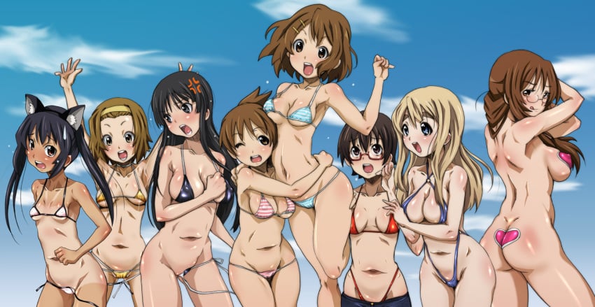 animal_ear arms_up ass ass_cleavage azusa_nakano_(k-on!) bikini black_hair blonde_hair blush breasts brown_hair butt_crack error everyone female female_only glasses hirokawa_kouichirou hug human human_only k-on! large_breasts long_hair mio_akiyama_(k-on!) multiple_girls nodoka_manabe_(k-on!) outstretched_arms ritsu_tainaka_(k-on!) sawako_yamanaka_(k-on!) short_hair string_bikini swimsuit tan tanline tongue tsumugi_kotobuki_(k-on!) ui_hirasawa_(k-on!) wink yui_hirasawa_(k-on!)