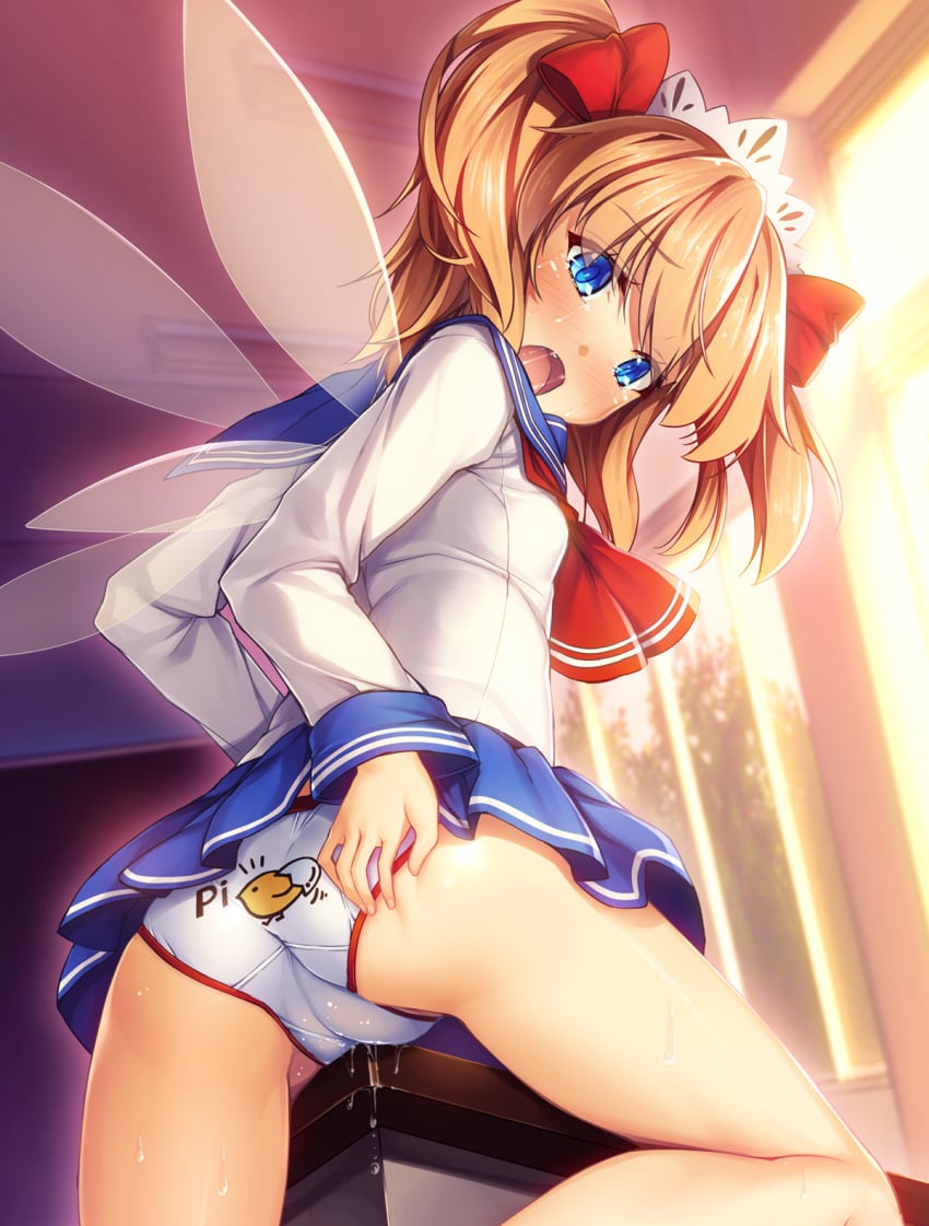 1girls ass blue_eyes blue_skirt blush bow brown_hair butt cameltoe chima_q classroom commentary_request crotch_rub desk fairy fairy_wings female from_behind hairbow hand_on_own_ass highres indoors legs_apart long_hair looking_back maid_headdress masturbation miniskirt moaning oerba_yun_fang open_mouth panties pantylines print_panties pussy_juice ribbon saliva school_uniform serafuku shirt skirt solo sunny_milk table_humping tears thighs touhou two_side_up underwear white_panties white_shirt wings