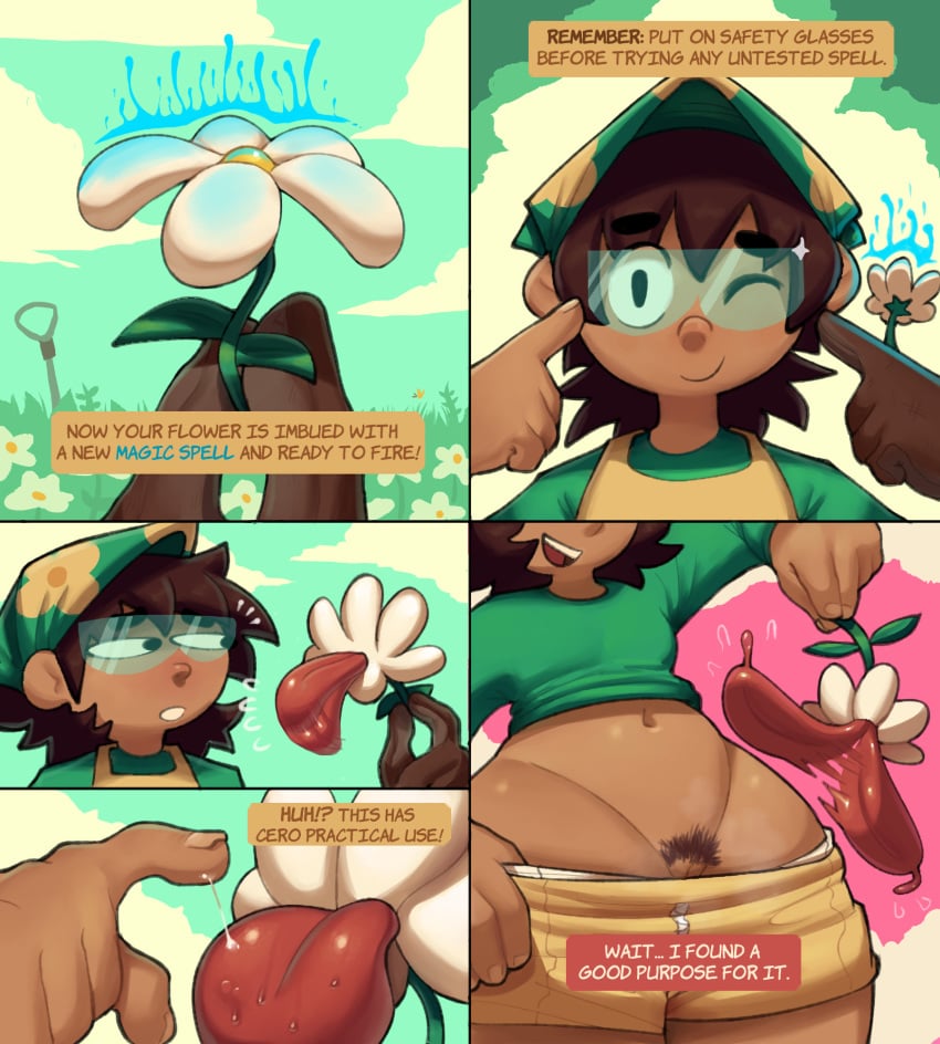 1girls apron bandana curvy dark_skin detailed_background eyebrows eyebrows_visible_through_hair eyewear fairy fantasy farm farmer farmgirl female female_only flower flowers gardener glasses handwear hi_res hips how_to imminent_cunnilingus imminent_oral implied_cunnilingus lilmoonie lily_(lilmoonie) magic original_character plant potted_plant pubes pulled_up_shirt pulling_down_pants safety_goggles shop short_shorts tongue