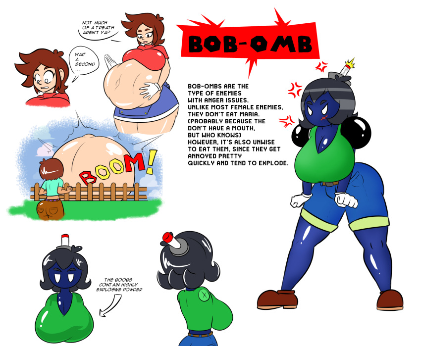 2girls aggressive anger_vein belly_expansion black_hair blue_skin bob-omb bulging_belly explosion female gijinka huge_ass huge_belly huge_breasts humanized inflation mario_(series) mr.casino multiple_girls rule_63 safe_vore super_mario_64 vore white_eyes