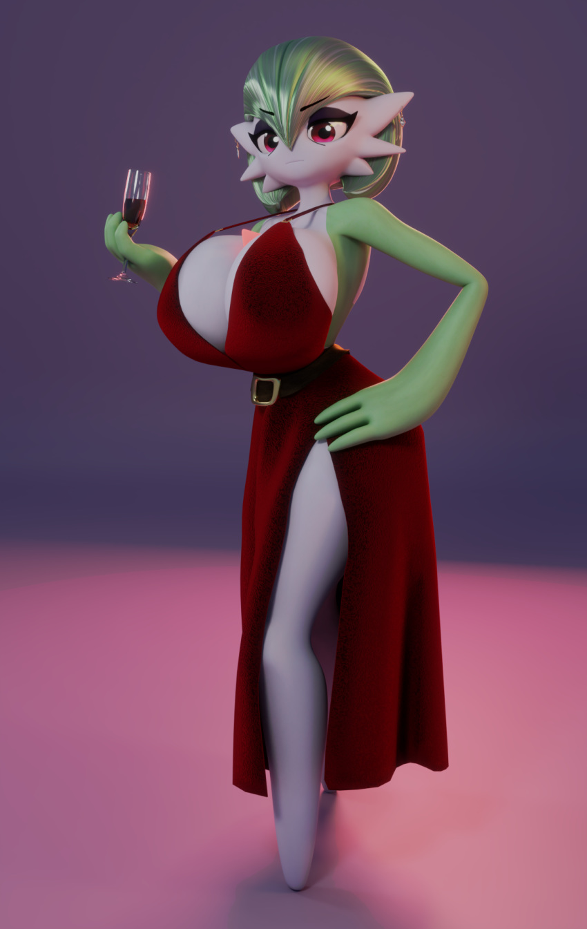 3d 3d_(artwork) dress gardevoir green_hair large_breasts milf pokemon pokemon_(species) tradelt wine_glass