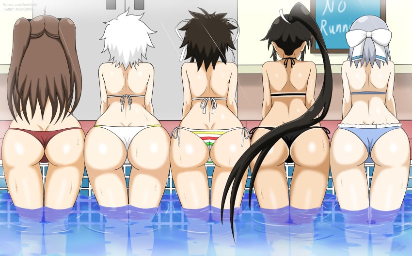 5girls ass ass_cleavage ass_focus asuka_(senran_kagura) back_view bikini bikini_bottom bikini_top black_bikini black_hair blue_hair brown_hair butt_crack hair_ribbon homura_(senran_kagura) long_hair marvelous miyabi_(senran_kagura) ponytail renka_(senran_kagura) senran_kagura silver_hair soulkibble take_your_pick tan_skin tanline thigh_gap twintails water white_bikini white_hair yumi_(senran_kagura)