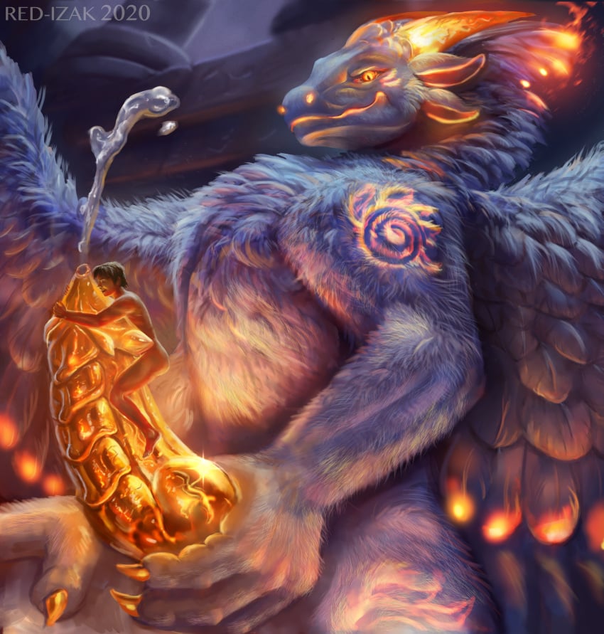 anthro avian dragon duo ejaculation etis european_mythology feathered_dragon feathers genitals glowing glowing_body glowing_eyes glowing_feathers glowing_genitalia glowing_horn glowing_penis gold_(metal) gold_penis greek_mythology hi_res horn hug human hybrid knot knot_grab macro male male/male mammal micro micro_on_macro molten mythological_avian mythological_firebird mythology nude penis penis_hug phoenix red-izak ridged_penis size_difference uther_(red-izak) white_body white_feathers