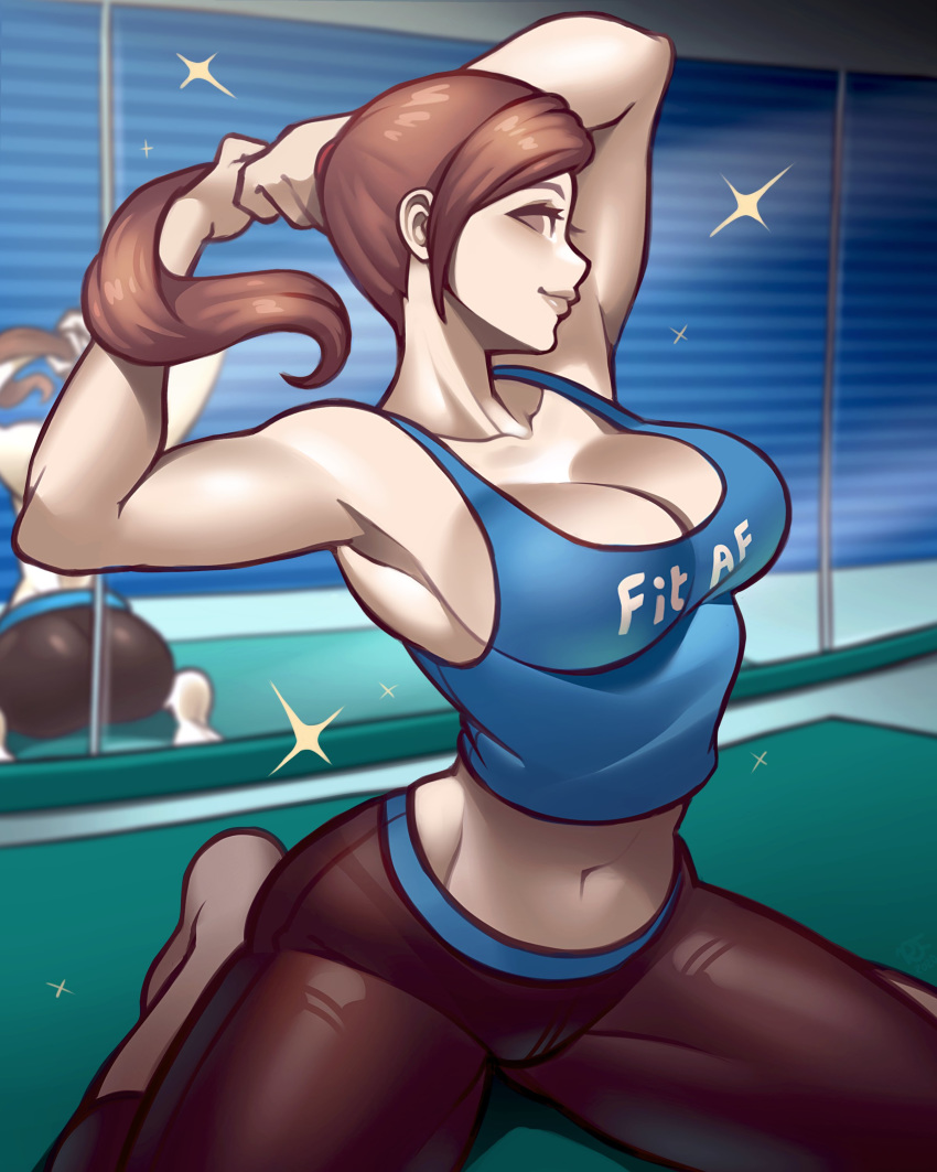 1girls 2020 armpits arms_up ass breasts brown_hair cleavage clothed clothing female female_only fit grey_eyes kneeling large_breasts looking_at_viewer midriff mirror navel nintendo ponytail ravenousruss reflection skin_tight smile solo tank_top tight_clothing white_skin wii_fit wii_fit_trainer yoga_pants