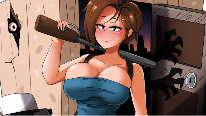 1girls 2d 2d_animation alternate_version_available animated animated_gif biohazard blue_eyes bouncing_breasts brown_hair cleavage comicomryu curvy erect_nipples female female_only gif huge_areolae huge_breasts jill_valentine jill_valentine_(julia_voth) puffy_nipples resident_evil resident_evil_3 ryumxr short_hair solo thick_lips tubetop voluptuous