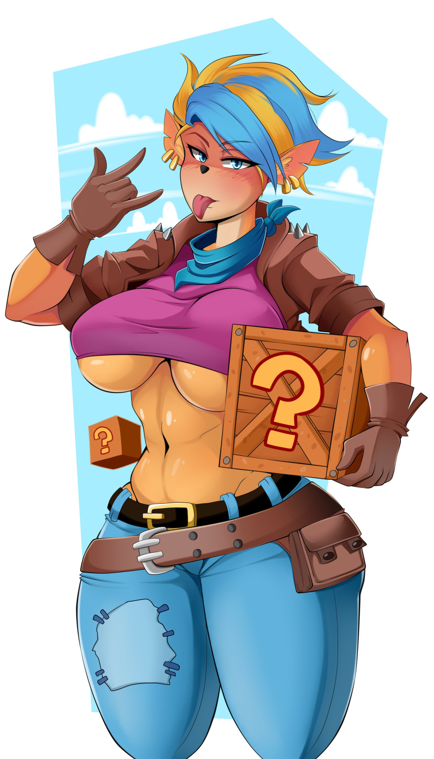 1girls 2020 anthro belt big_breasts blonde_hair blue_eyes blue_hair blush clothed comicomryu crash_bandicoot_(series) crash_bandicoot_4:_it's_about_time crate crop_top devil_horns_(gesture) earrings female female_only furry gloves holding_box large_breasts looking_at_viewer naughty_dog navel purple_shirt question_mark ryumxr scarf short_hair solo tawna_bandicoot tawna_bandicoot_(crash_4) thick_thighs tongue_out two_tone_hair underboob voluptuous wooden_box